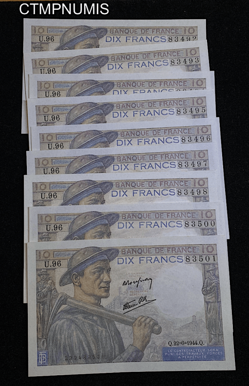 ,BILLET,FRANCAIS,10,FRANCS,MINEUR,1944,NEUF,