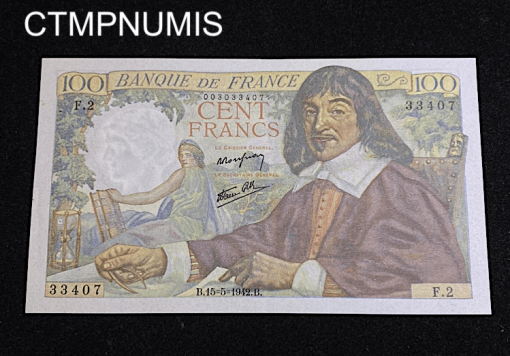 ,BILLET,100,FRANCS,DESCARTES,1942,NEUF,