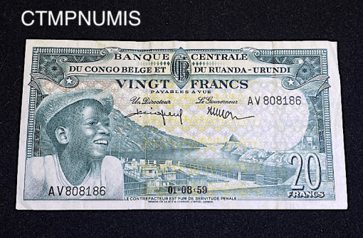 ,BILLET,CONGO,BELGE,20,FRANCS,1959,