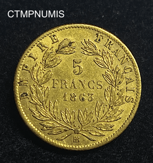 ,MONNAIE,5,FRANCS,OR,NAPOLEON,1863,BB,STRASBOURG,